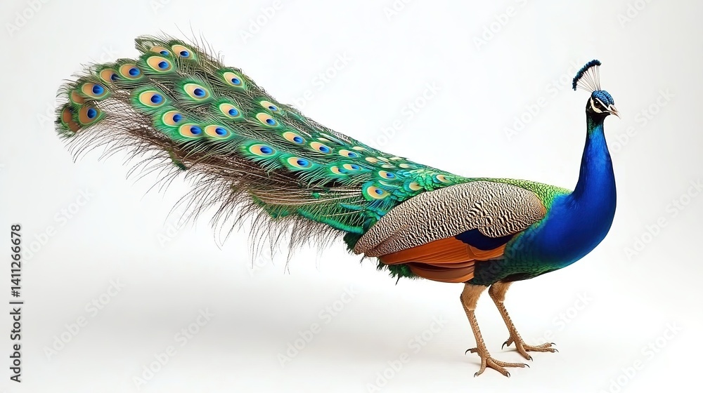 Obraz premium Peacock Stands on Isolated White Background. Colorful Bird with Vibrant Blue, Green, and Orange Feathers. Magnificent Tail Displays Bright Colors. Exotic and Beautiful Peafowl.