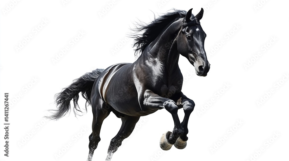 Powerful Black Horse in Dynamic Motion. Speed and Strength on Display. Ideal for Equestrian, Sport, Racing Themes. Perfect for Posters. Powerful Black Horse in Dynamic Motion. Speed and Strength on Display. Ideal for Equestrian, Sport, Racing Themes. Perfect for Posters.
