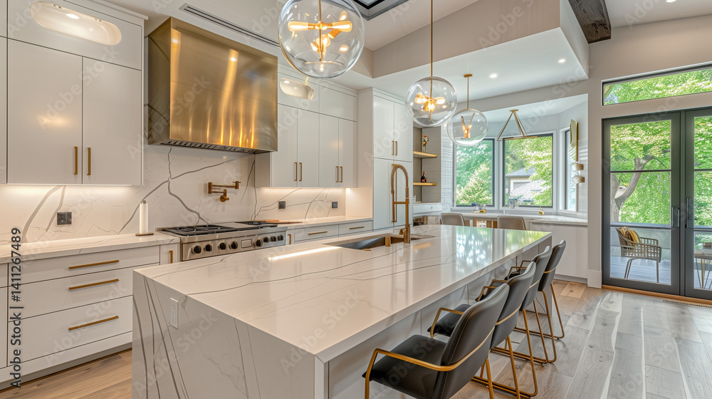 Modern kitchen interior featuring island with chairs and stylish lighting Modern kitchen interior featuring island with chairs and stylish lighting