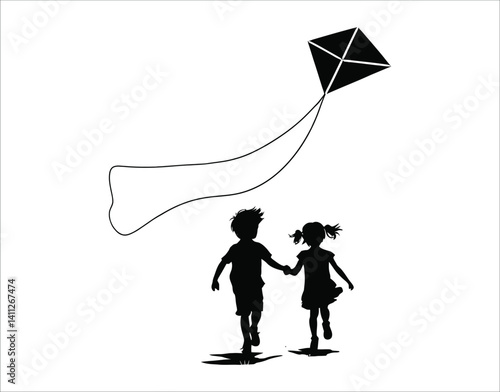 Children Flying Kite with Latai – Minimalist Silhouette Vector