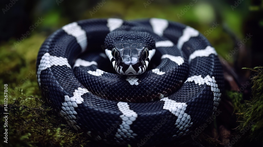 Obraz premium A coiled snake displays striking black and white banded patterns on its body