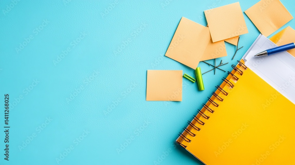 Strategic Creative Brainstorming with Visual Mind Mapping Techniques, Colorful stationery items including a yellow notebook, sticky notes, and a pen on a blue background.