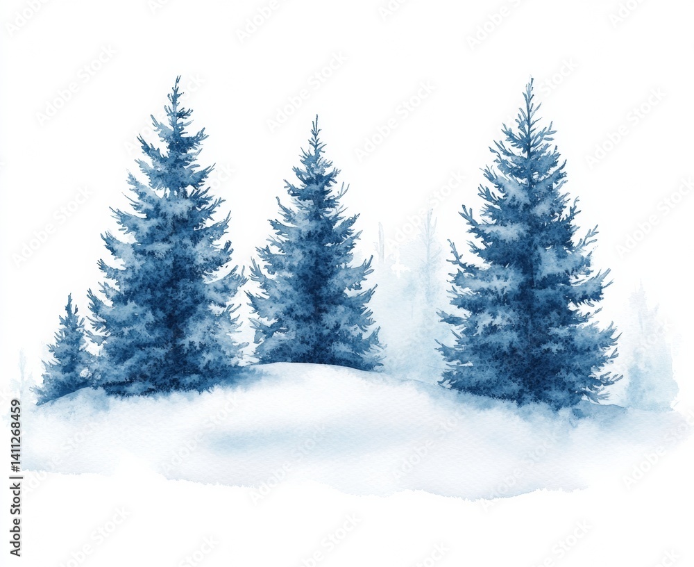 Fototapeta premium Winter landscape with blue pine trees snowy nature illustration serene viewpoint isolate on white background