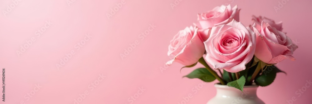 Fototapeta premium Soft pink roses in a decorative vase, subtle pink backdrop , background, pretty