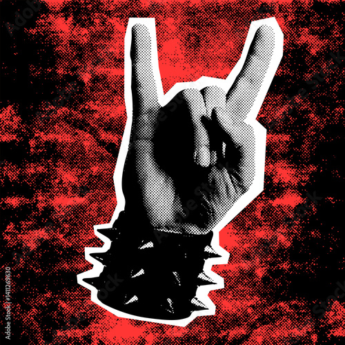 Vector illustration of a hand making the rock horns gesture with spiked bracelet. Retro grunge design perfect for alternative art and punk culture.