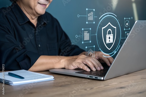 Middle-Aged Professional Interacting with Secure Digital Interface on Laptop.