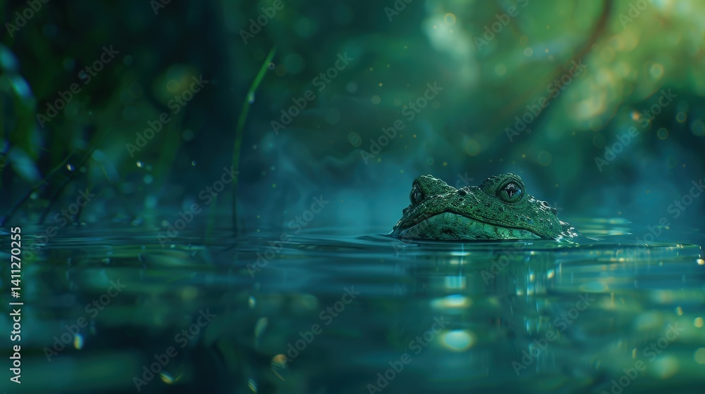 Obraz premium Giant Frog in Swamp, Close up of a large frog in murky swamp water.