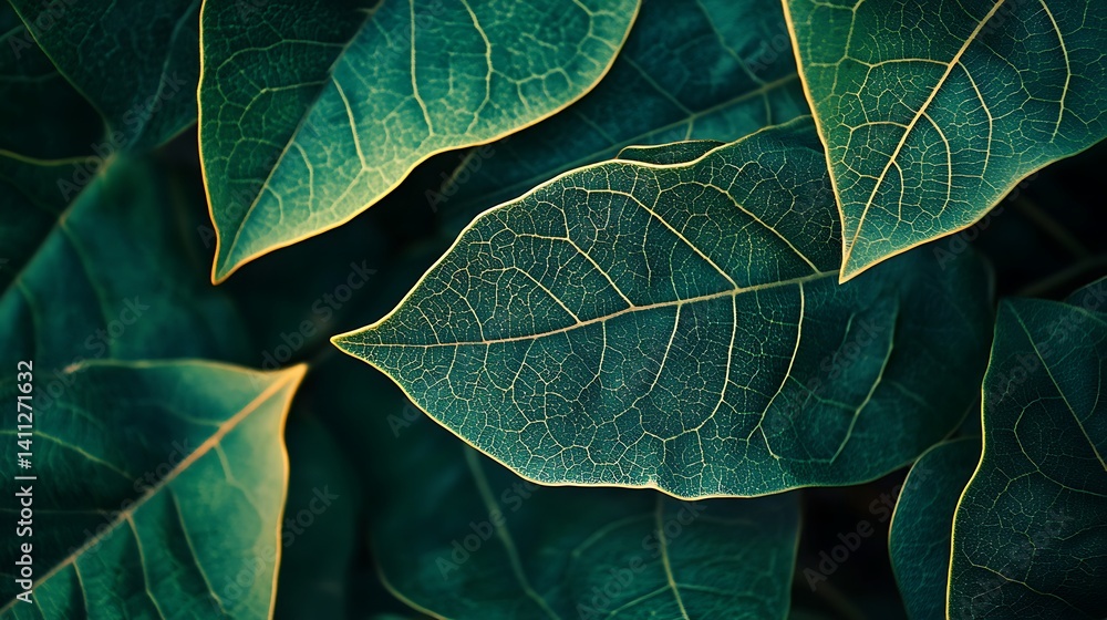 Obraz premium Close-up of vibrant green leaves with intricate veins.
