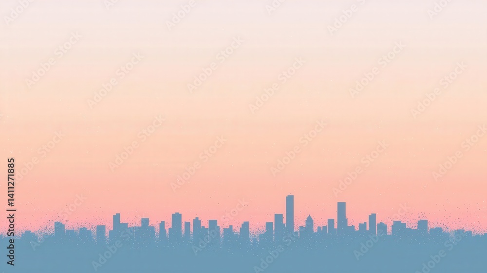 Obraz premium Pastel City Skyline at Sunrise, Serene cityscape at dawn. Minimalist urban landscape.