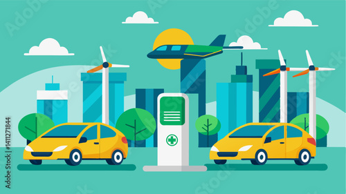 As eVTOLs line up at the designated charging stations visitors are reminded of the sustainable and ecofriendly initiatives of the science park making use of clean energy sources. Vector illustration