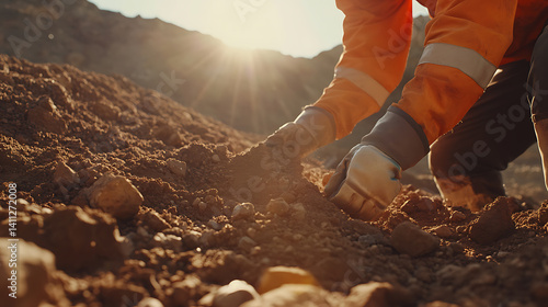 Geologist collecting soil samples from a remote mining site under the sun. Featuring research and exploration