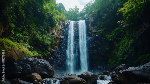 Lush rainforest surrounds a dramatic double waterfall.
