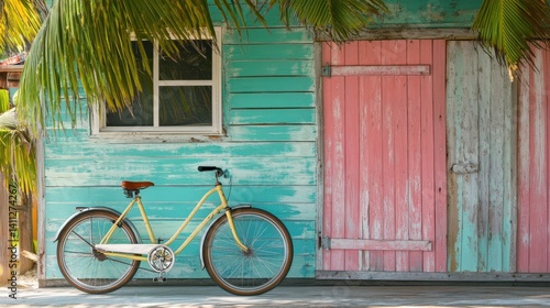 A yellow bicycle stands next to a colorful wooden structure