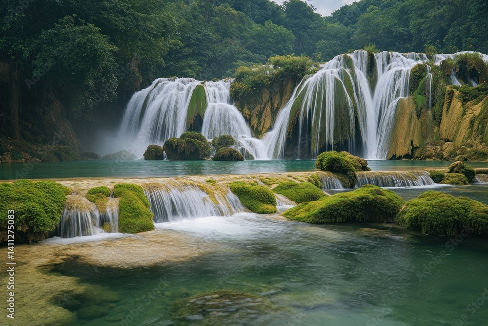 Naklejka premium Lush Waterfall Cascades in a Green Valley