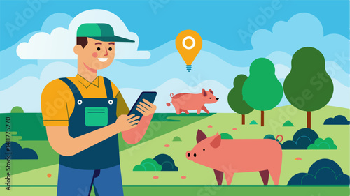 From the comfort of his farmhouse a farmer uses a specialized app to track the location of his grazing pigs with the help of automated tracking tags.. Vector illustration