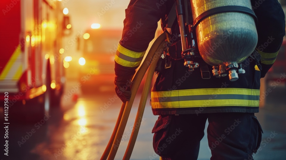 Obraz premium A firefighter carrying equipment at a fire station. Featuring readiness and strength