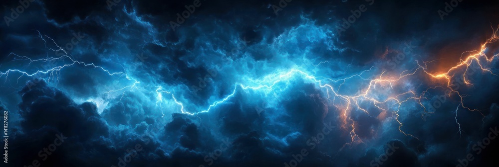 Electric sky backdrop with vibrant lightning strikes against dark turbulent clouds Electric sky backdrop with vibrant lightning strikes against dark turbulent clouds