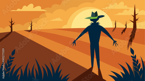 The lone scarecrow cast a long shadow over the withered crops epitomizing the demise of the outdated farming ods.. Vector illustration