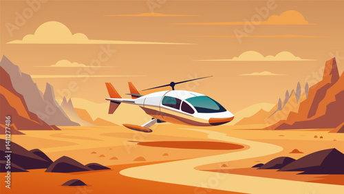 As the wind kicks up dust and sand below an electric air taxi soars effortlessly above a barren desert landscape.. Vector illustration