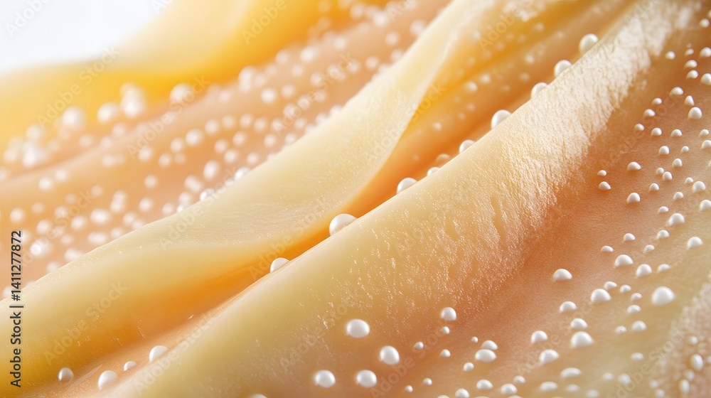 Fototapeta premium Close-up of a textured, pale orange surface dotted with small, white pearls.