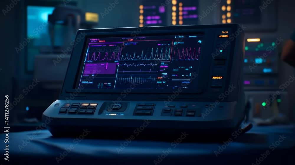 Medical device with vibrant display in dark hospital room. Medical device with vibrant display in dark hospital room.
