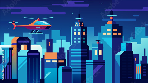 From above the illuminated skyline of the city is a sight to behold as the autonomous air taxi fleet provides a unique perspective of this futuristic landscape.. Vector illustration