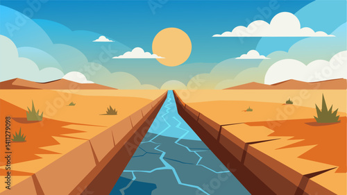 As the sun beats down relentlessly the once flowing irrigation ditch now lays barren and cracked leaving farmers with no means of sustaining their livelihoods.. Vector illustration