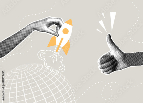 Trendy halftone collage.Launching a startup and endorsement of a successful project. Concept of idea, launching a new business project, increasing profits, capital growth.