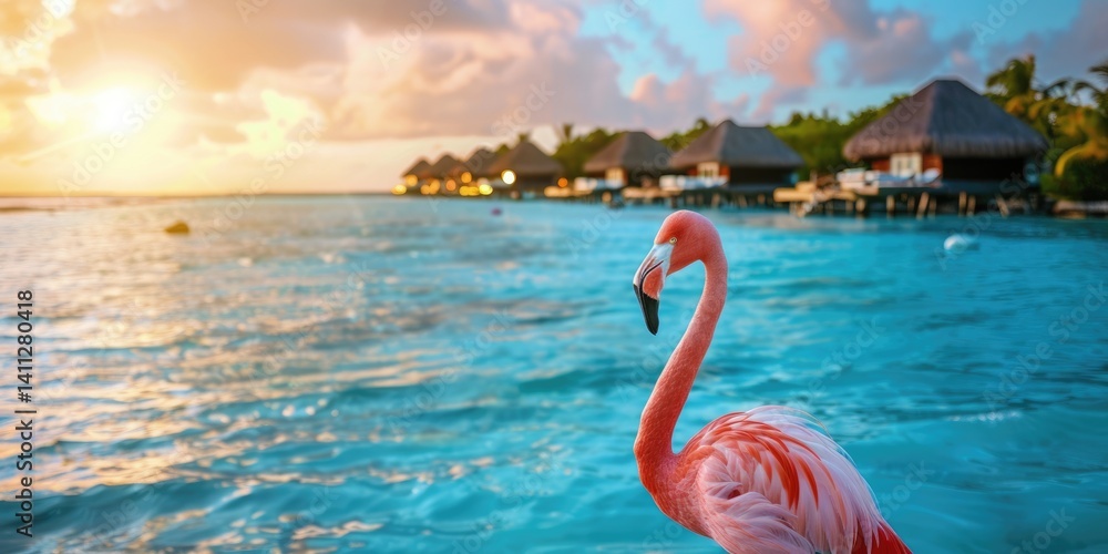 Fototapeta premium The picture of the flamingo is standing at the sea near resort in the middle of ocean, the flamingo is large wading bird known for its distinctive pink or red color, long legs, and curved neck. AIG51.