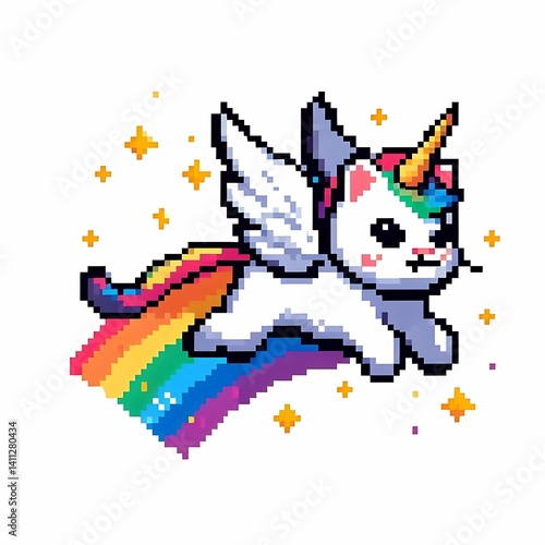Pixel Art Rainbow Unicorn With Wings suitable for professional presentation