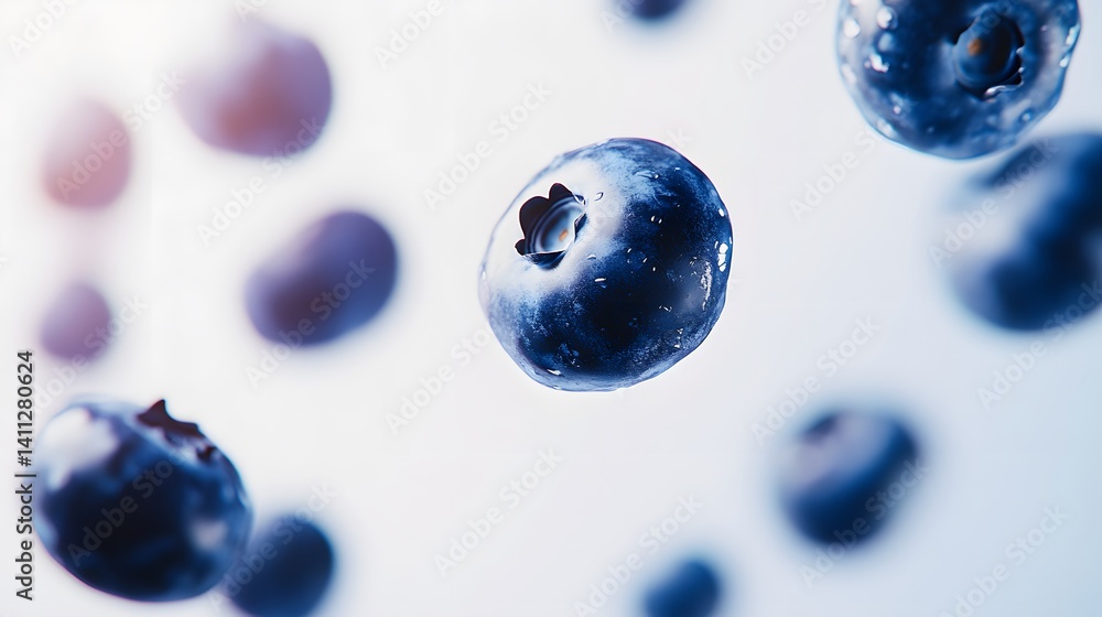 Close-up of fresh blueberries levitating against a bright, soft background. Water droplets glisten on their surfaces, showcasing their vibrant blue color. The image evokes freshness and health. Close-up of fresh blueberries levitating against a bright, soft background. Water droplets glisten on their surfaces, showcasing their vibrant blue color. The image evokes freshness and health.