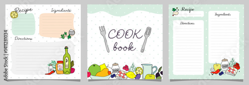 cook book blanks , set of square page, card, doodle drawn vegetable and fruits, kitchen reminder, template vector illustration