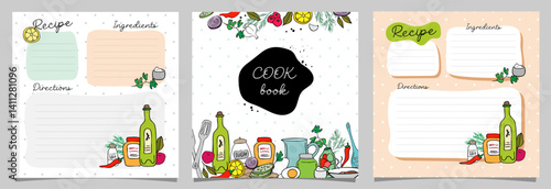 set of cook book pages with doodle hand drawn elements, food, vegetables, fruits, kitchen, template, copy space, vector