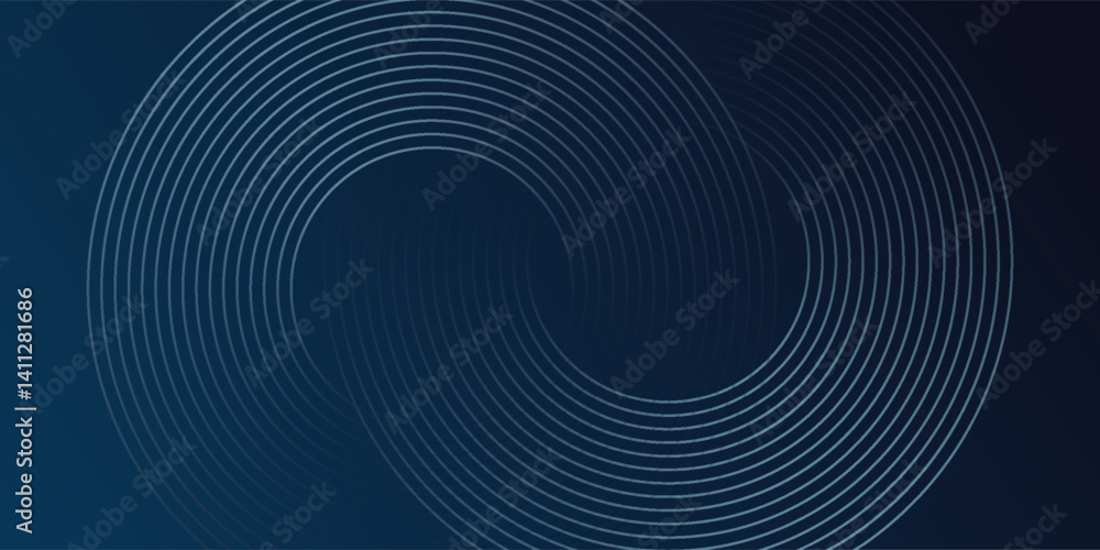 Abstract blue glowing geometric lines on dark blue background. Modern shiny blue circle lines pattern. Futuristic technology concept. Suit for cover, poster, banner, header, website.