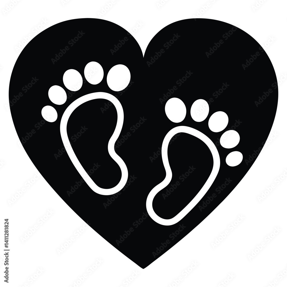 Cute and minimalist silhouette baby footprint inside a heart shape symbolizing love and car Cute and minimalist silhouette baby footprint inside a heart shape symbolizing love and car