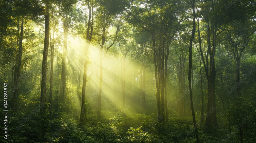 Obraz premium Sunbeams Illuminating a Misty Forest