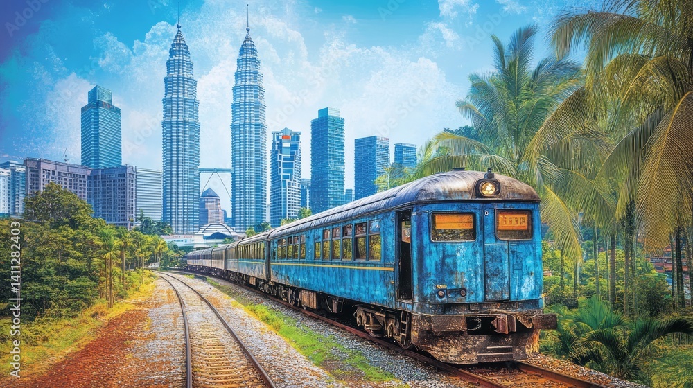 Obraz premium A vintage blue train travels towards the kuala lumpur skyline