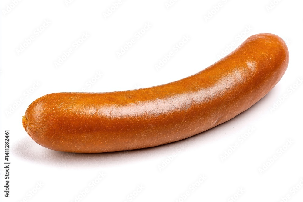 Appetizing brown sausage on white background food product close up shot tasty grilled meal delicacy Appetizing brown sausage on white background food product close up shot tasty grilled meal delicacy
