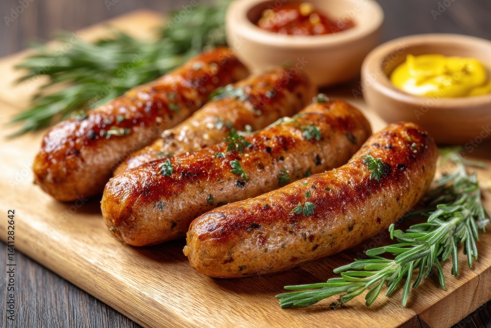 Appetizing grilled sausage array savory culinary arrangement on wooden board paired with condiments and rosemary aroma Appetizing grilled sausage array savory culinary arrangement on wooden board paired with condiments and rosemary aroma