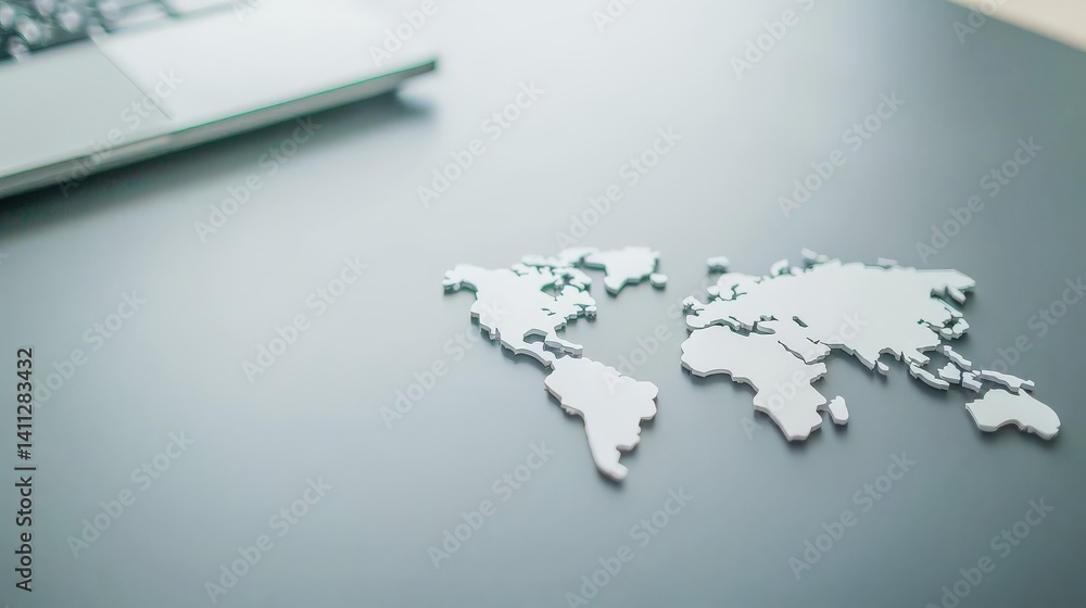 Global Collaboration and Diversity in an Interconnected World, Stylish world map cutout beside a laptop on a sleek desk surface.