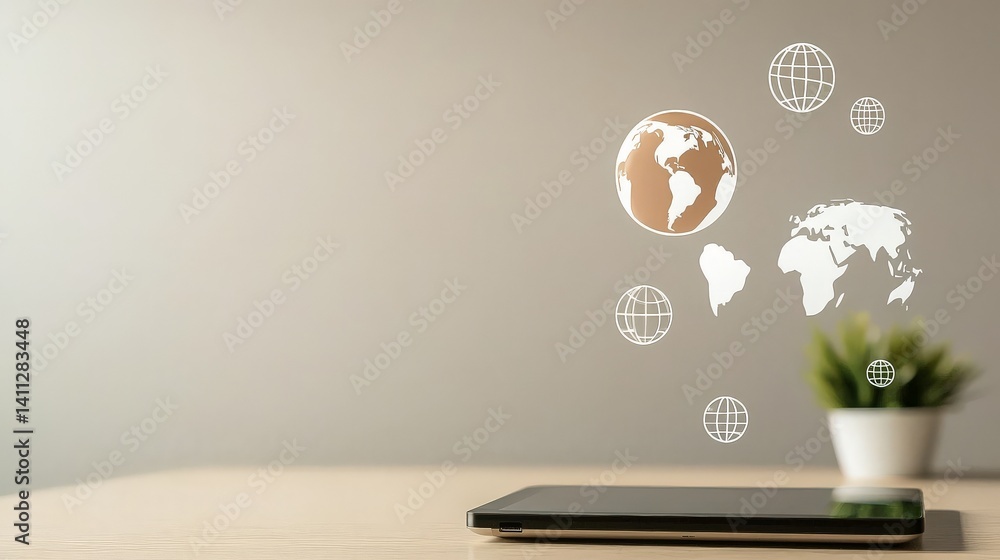 Global Collaboration and Diversity in an Interconnected World, A smartphone on a table with decorative world map decals and a small plant nearby.