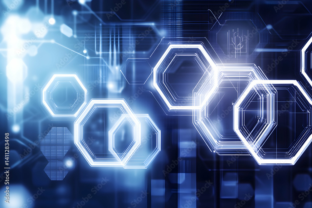 Fototapeta premium Abstract technology background with glowing hexagonal shapes and digital circuitry. Perfect for presentations, websites, and tech-related designs.