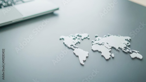 Obraz na płótnie Global Collaboration and Diversity in an Interconnected World, Stylish world map cutout beside a laptop on a sleek desk surface. w salonie