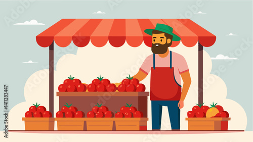 Piles of ripe juicy tomatoes sit untouched while the lone farmer stands hopefully behind his stand desperate for a sale.. Vector illustration