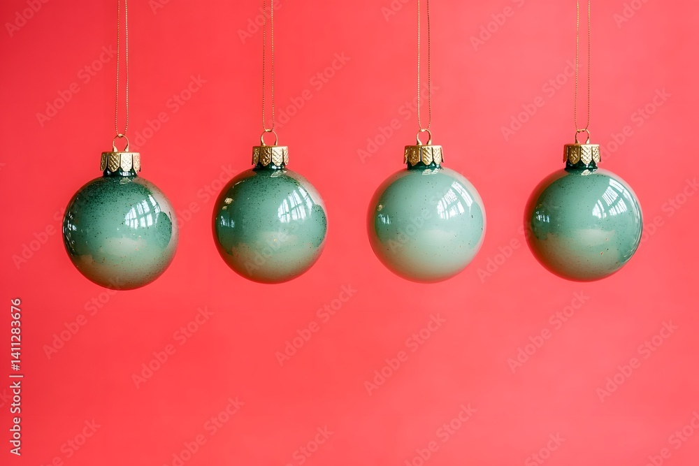 Four Green Christmas Ornaments Red Background Four Green Christmas Ornaments Red Background