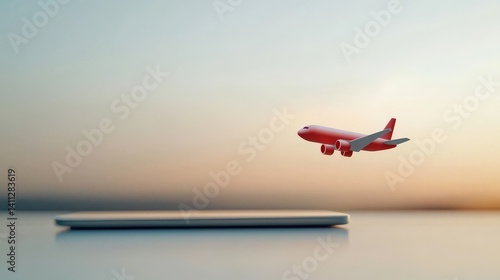 Obraz na płótnie Global Collaboration and Diversity in an Interconnected World, A laptop with an airplane flying overhead against a serene background. w salonie