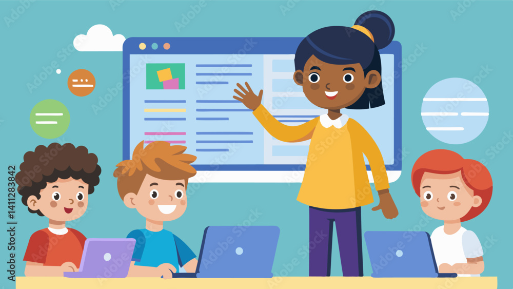 A child standing confidently in front of an interactive whiteboard showcasing their coding project to their fellow classmates.. Vector illustration