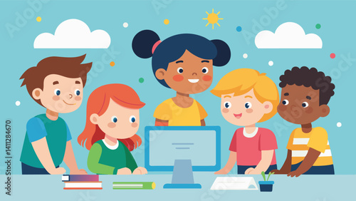 A group of children gathered around a computer collaborating and brainstorming to create an animated story about a group of friends on a daring adventure.. Vector illustration