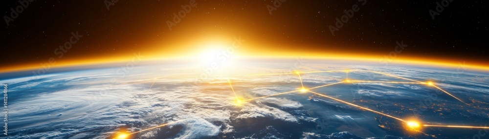 Global Collaboration and Diversity in an Interconnected World, Vibrant sunrise over Earth, showcasing glowing atmosphere and cosmic beauty.