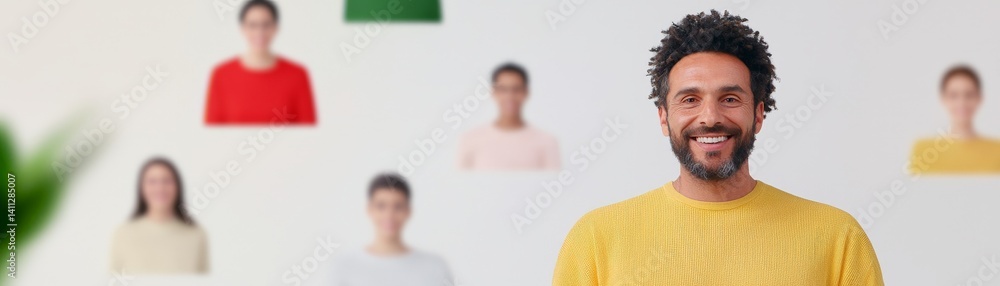 Global Collaboration and Diversity in an Interconnected World, Smiling man in a yellow sweater with blurred faces in the background, showcasing a diverse group.